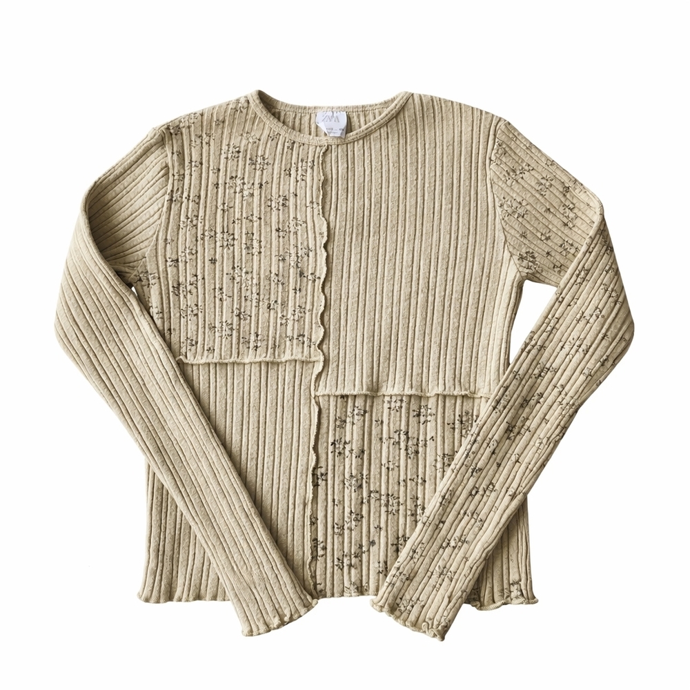 Zara Girls Ribbed Floral Long Sleeve Top Size 11-12 (152) Neutral Sage